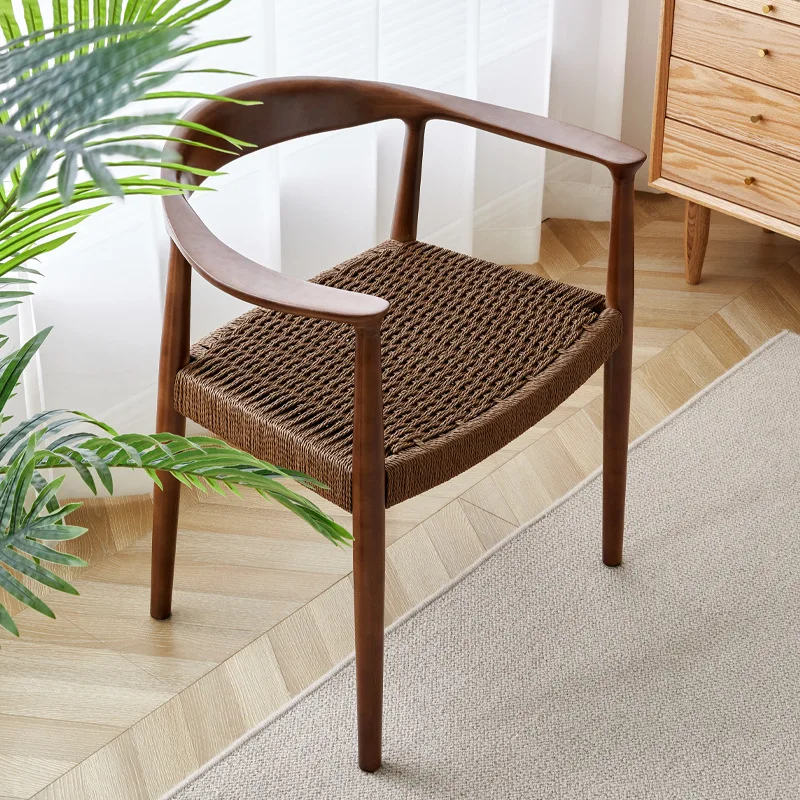 Joylove Japanese Solid Wood Rope Woven Dining Chair Household Armrest Back Chair Wabi-sabi Study Braided Tea Chair Leisure Chair