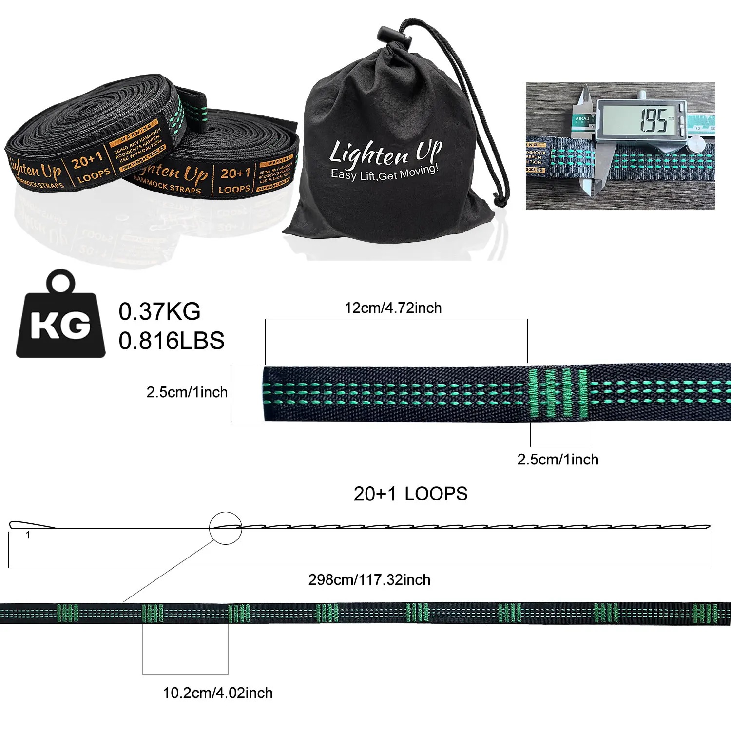 LightenUp Hammock Straps & Belts Extra Long 10ft Heavy Duty 1200 lbs Hammock Hanging Kit with 20+1 Loops Tree Straps for Camping