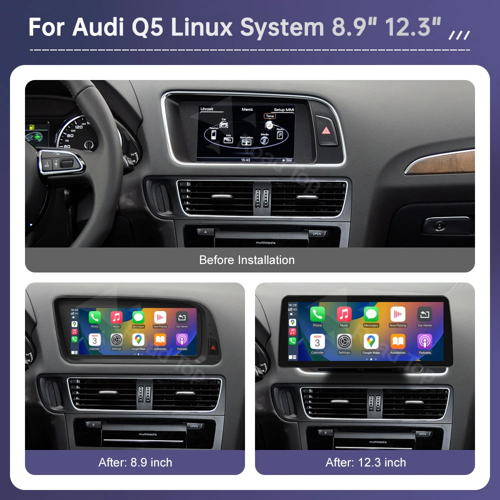 شاشة الوسائط المتعددة لراديو السيارة Linux 8.8/12.3 بوصة لأودي Q5 2009-2017 مع وظيفة CarPlay اللاسلكية Android Auto Airplay Miracast
