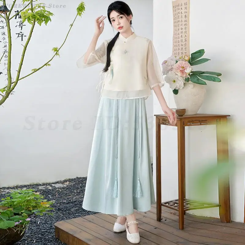 

Women's New Chinese Style Outfit Retro Embroidered Top Half Skirt Hanfu Set Spring Summer Tang Suit Traditional Chinese Clothing