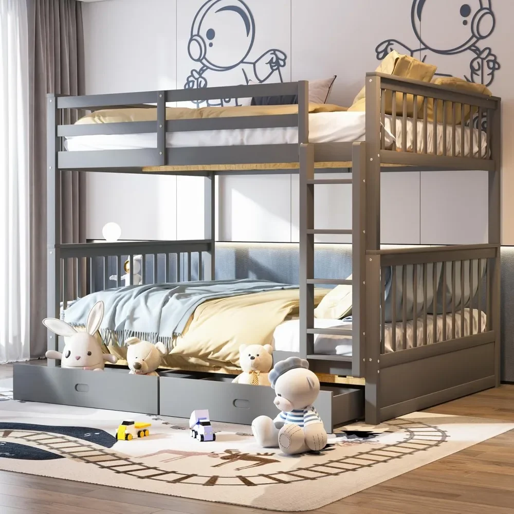

Wood Bunk Bed with Drawers, Convertible Wood Bunk Bed with Ladders and Two Storage Drawers, Solid Wood Detachable Bed Frame