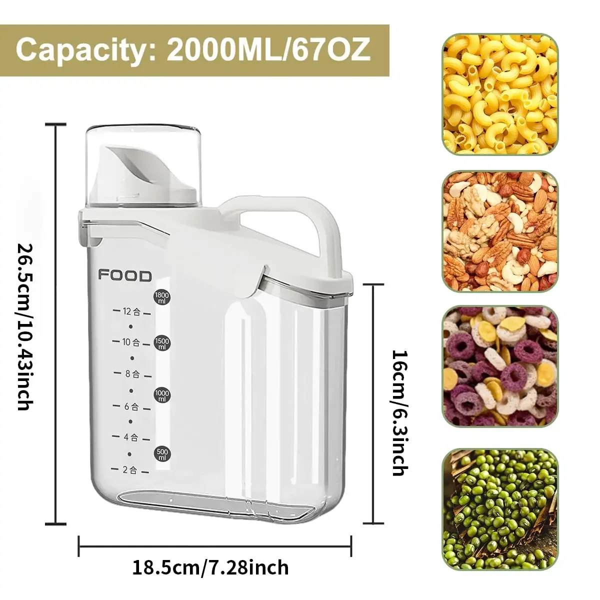 1.2/1.6/2/2.8L Cereal Containers Storage,2L Airtight Large Dry Food Storage Containers with Measuring Cup for Flour and Grain