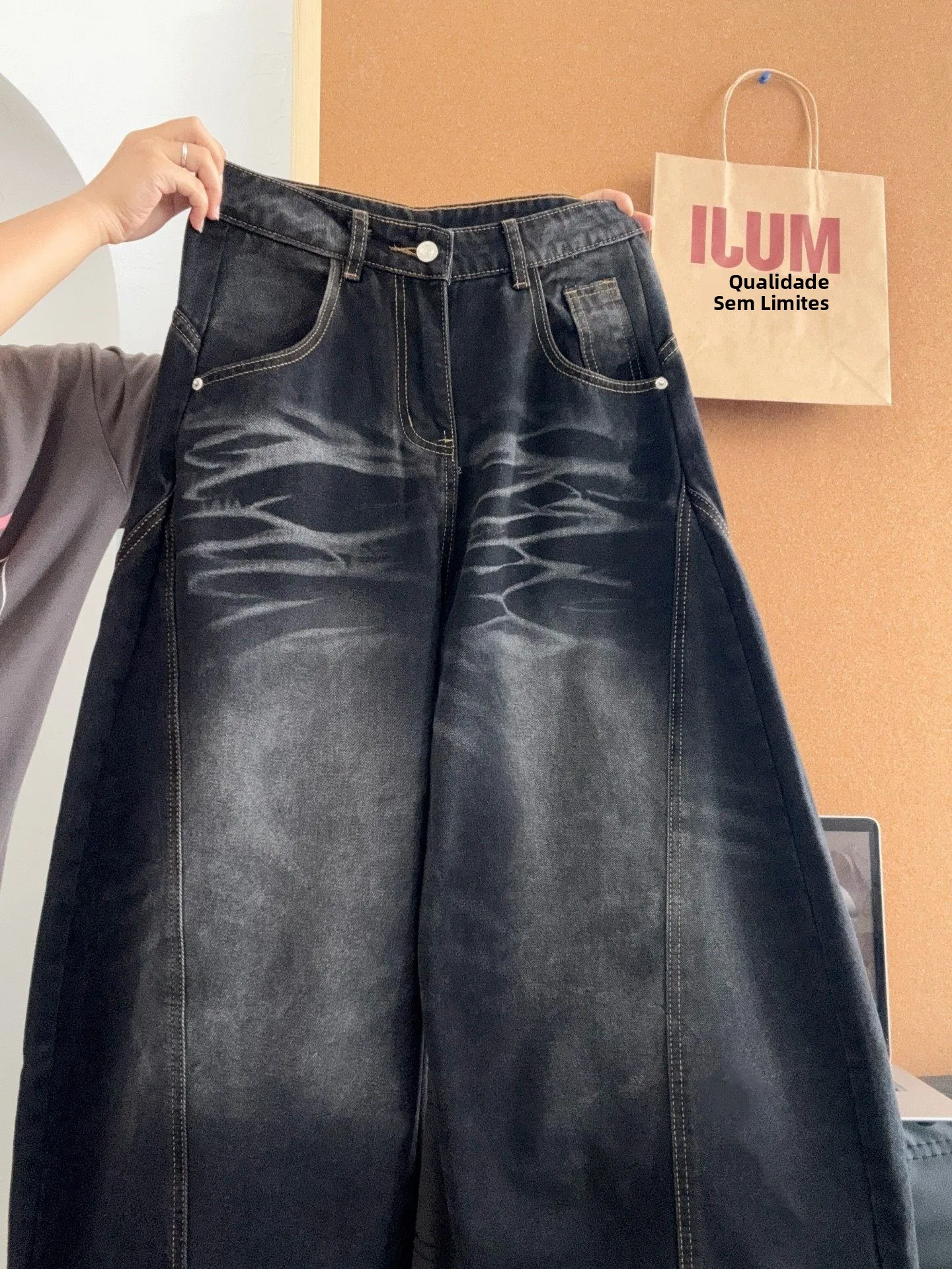 Calças Jeans Unissex de Perna Larga com Design de Gato Preto Lavado Gradualmente, Jeans Drapeado com Corte Preciso, Calças Mo...