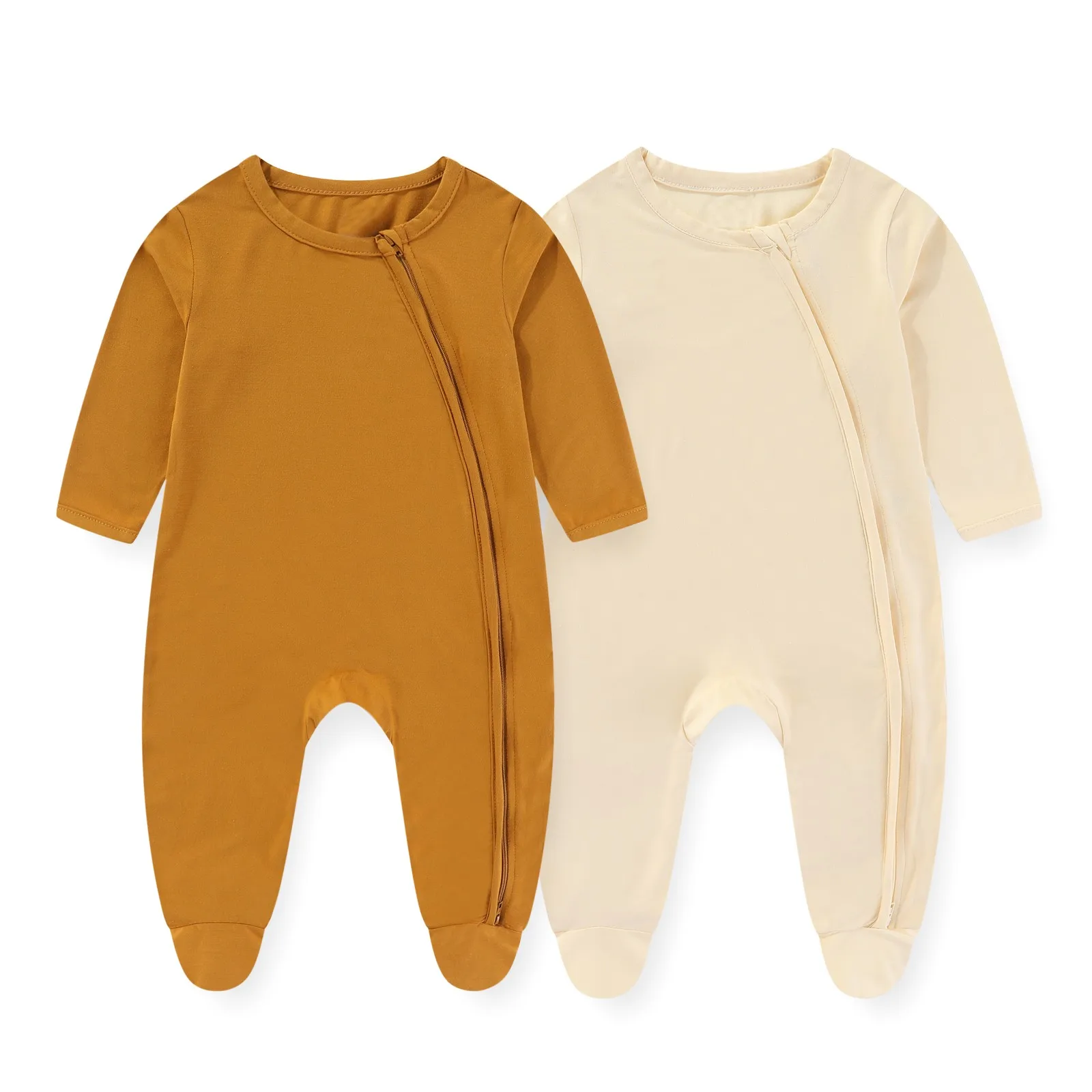 Monos de algodón Unisex para bebé recién nacido, ropa de manga larga con cremallera de 2 vías, Color sólido, 0-12M, Otoño, 2 piezas