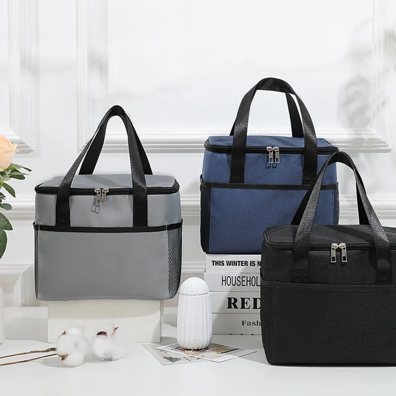 Oxford Cloth Insulated Lunch Box Bag Portable Thermal Cooler Bag Shoulder Strap Front Pocket Mesh Side Pocket For Food Storage