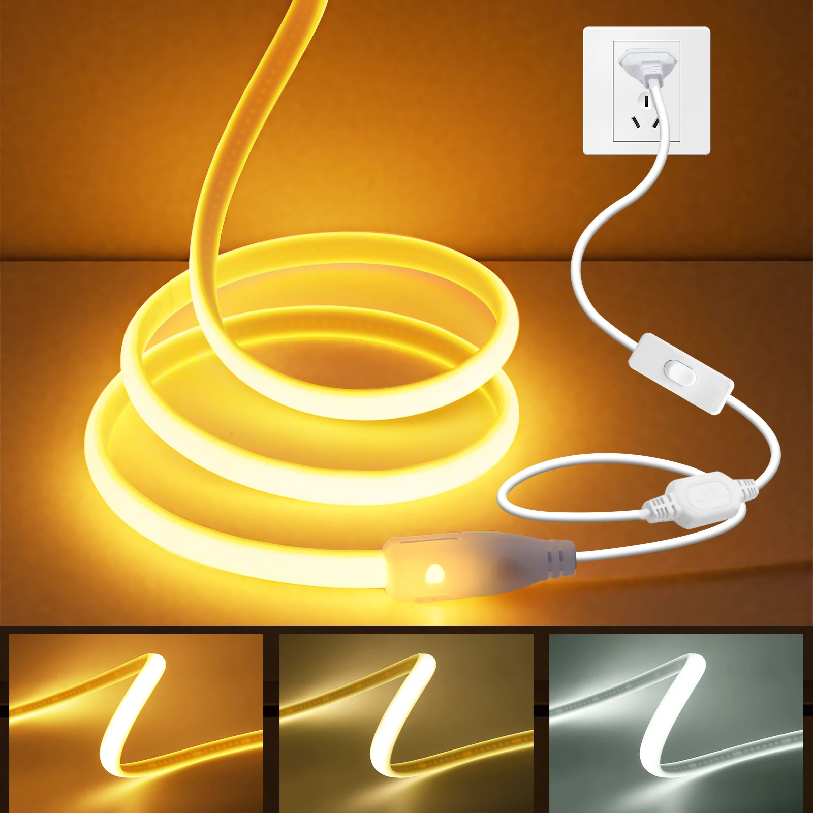 Waterproof COB LED Strip Light 220V 288Leds/M Flexible LED Neon Light With Switch UK EU Plug RA90 High Density Linear Lighting