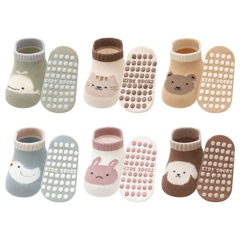 6 Pairs Kids Non-Slip Socks Cotton Cute Cartoon Bird and Bear Pattern Childrens Boys Girls Floor Socks Comfortable for Toddler
