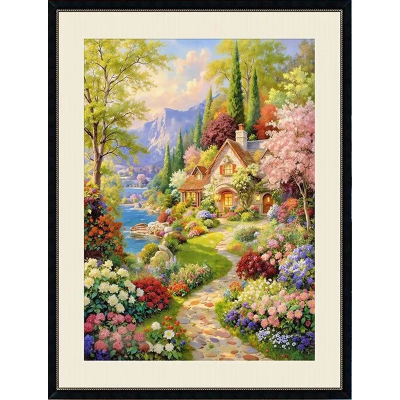 

9CT 14ct Lake-side cottage Printed Kit Cross Stitch Embroidery DIY Needlework Home Decor Crafts With Needles Threads