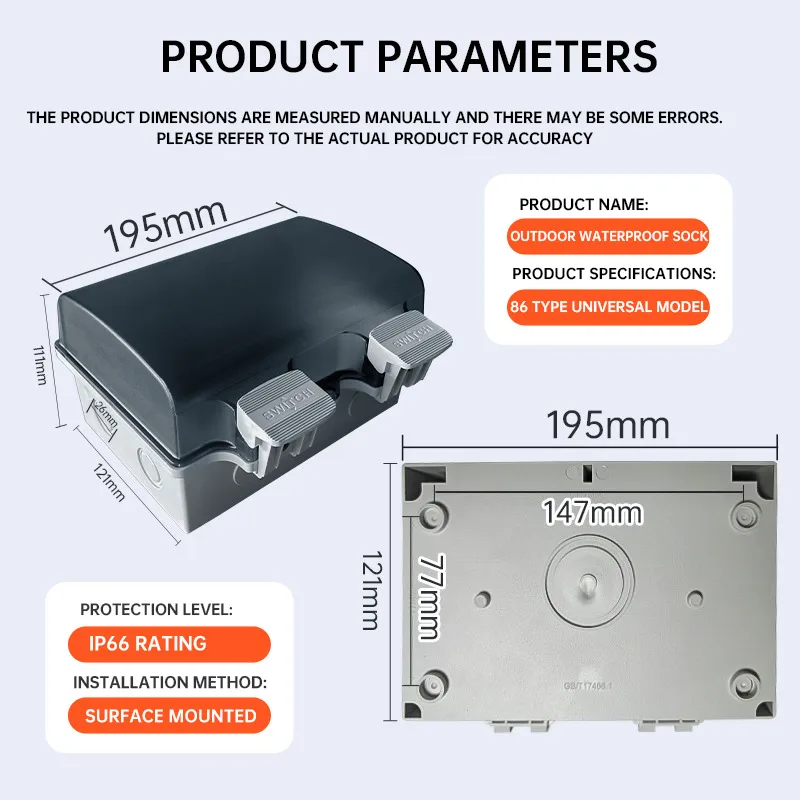 ​​IP66 Outdoor Waterproof Dustproof Power Distribution Box 86 Type Surface-Mounted Garage Basement Socket Boxs With Rain Cover