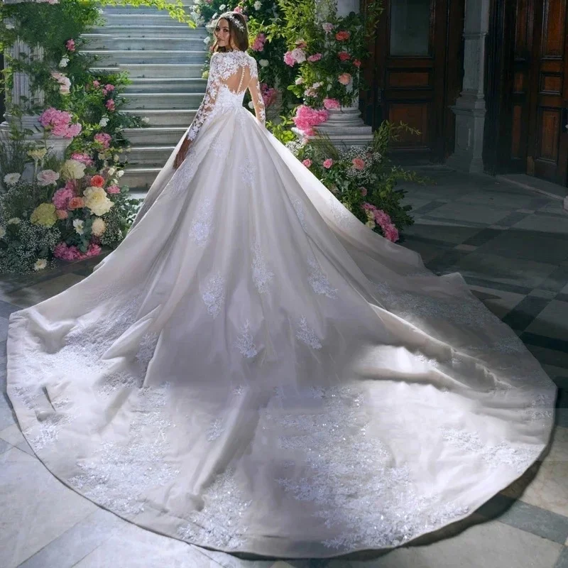 A Line High Neck Wedding Dress Covered Button Long Sleeve Appliques  Lace Beads Bridal Dresses Robe De Mariee Customized