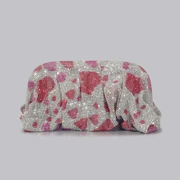 Bolso fruncido de diamantes de imitación para mujer, bolsa de noche con patrón de corazones de amor degradado de diseñador, a la moda, para fiesta, 2023