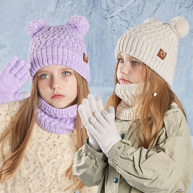 

Зимняя детская шапка из 3 предметов для девочек и мальчиков, теплая вязаная детская шапочка, шарф, перчатки, флисовая подкладка, детская шапка с помпоном, От 4 до 10 лет