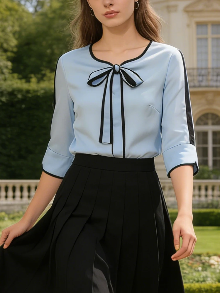 

Women's Light Blue Bow Tie Neck Blouse Contrast Trim Elbow Sleeve Casual Work Top Sweet Pink Shirts Korean Style Blouses