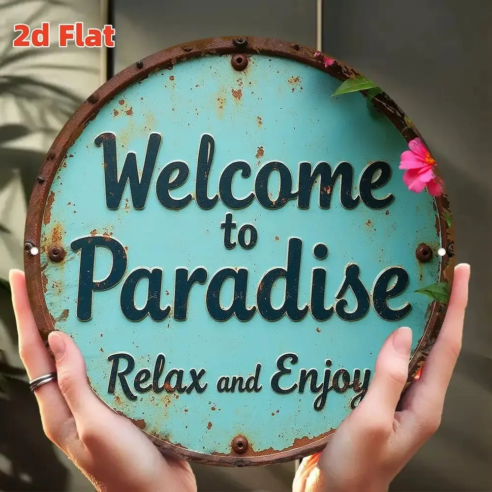 Welcome to Paradise Turquoise Round Aluminum Sign Vintage Beach House Indoor Outdoor Wall Decor