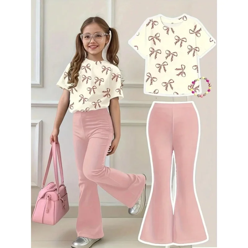 Summer Casual Fashion Butterfly Print Two-Piece Set Short Sleeve Bell Bottoms Outdoor Wear Stylish Comfortable