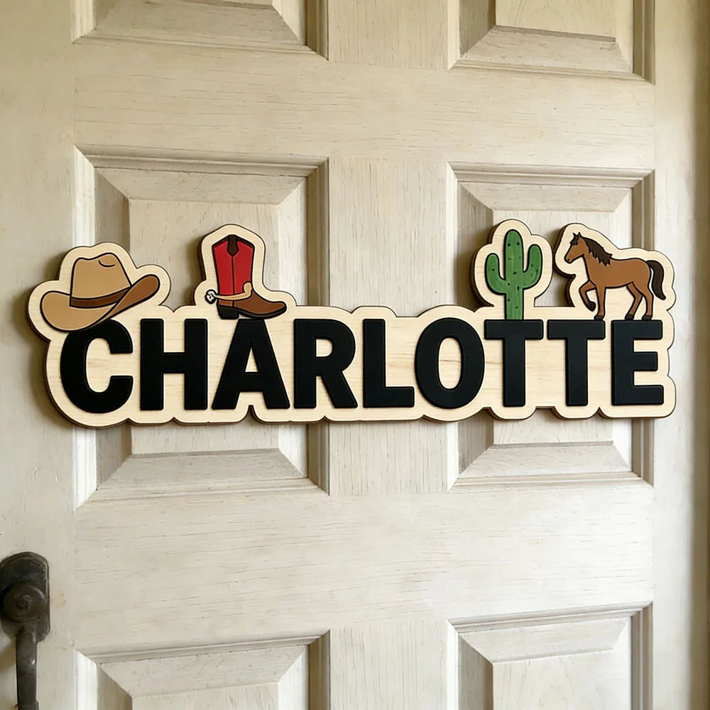 Whimsical Wild West Custom Name Plaque, Cute Cowboy Boot & Cactus 3D Wooden Sign, Unisex Kids Room Decor, Rustic Western Nursery