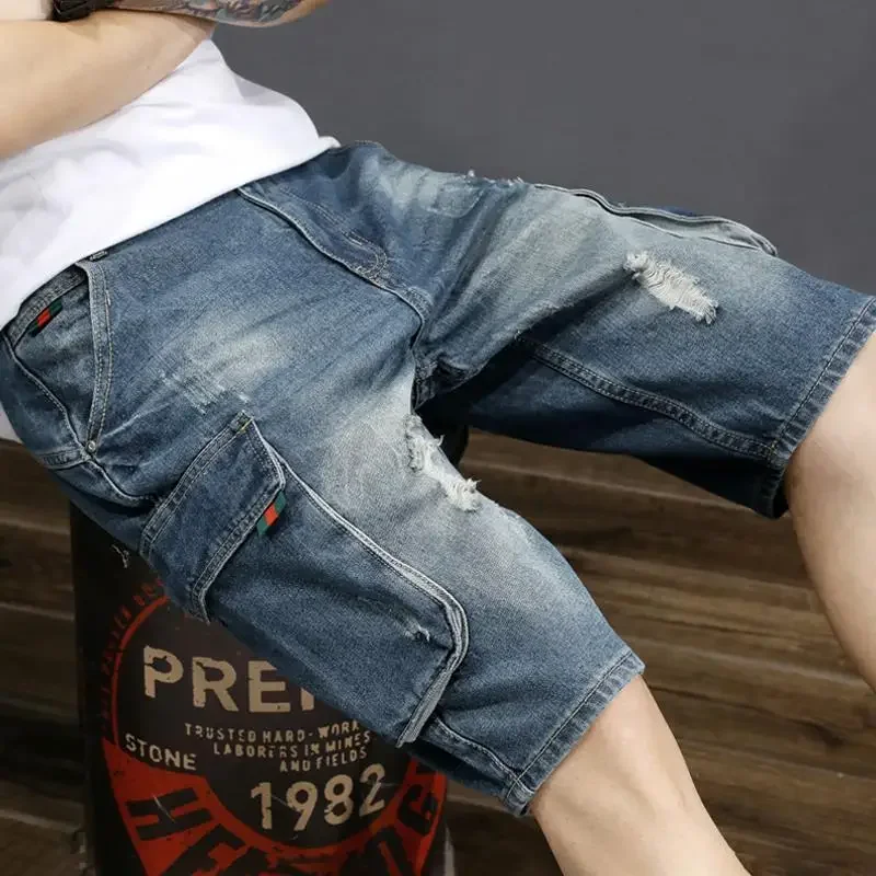 Male Denim Shorts Blue Long Ripped Bermuda Half Men\'s Short Jeans Pants Trend 2024 New in Korean Fashion Xl Vintage Jorts Y2k