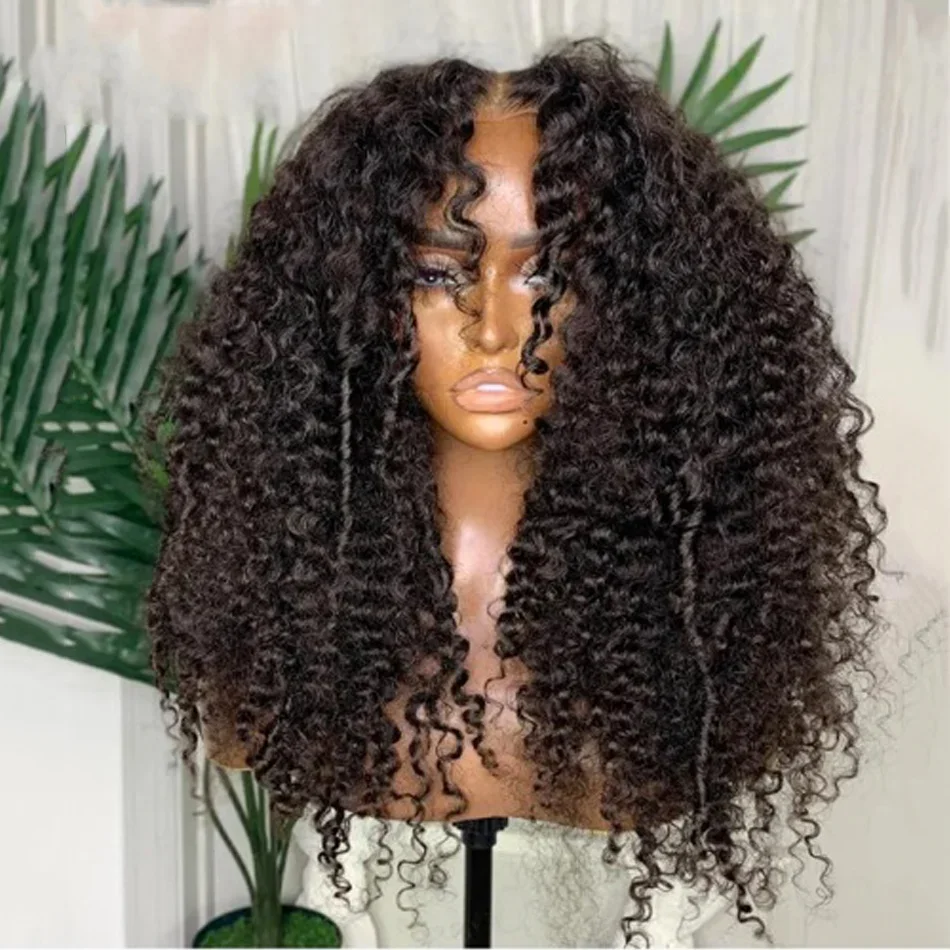 Soft Glueless Long 26 inch 180Density Black Kinky Curly Lace Front Wig For Black Women BabyHair Preplucked Daily Deep Part