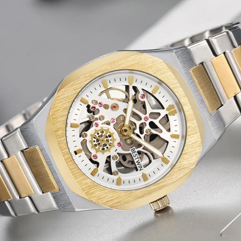 New Octagonal Design Quartz Wristwatches Men Golden Stainless Steel Dress Watch Date/Week Functions Luxury Diver's Clock Man