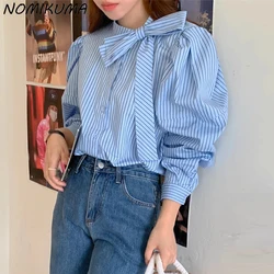 Nomikuma Korean Chic Spring Retro Standing Neck Bow Design Casual Versatile Long Sleeved Striped Shirt for Women Tops