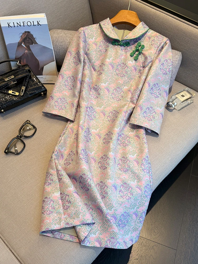 

Elegant Chinese Style Women's Dress Slim Fit Waist Cinched Bodycon Seven Quarter Sleeve Zipper Closure Standard Edition