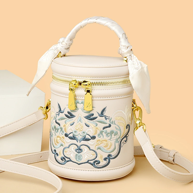 2024 New Trend Women Cross Body Bag Purses and Handbag National Embroidered PU Leather Bucket Bag Female Small Shoulder Bag