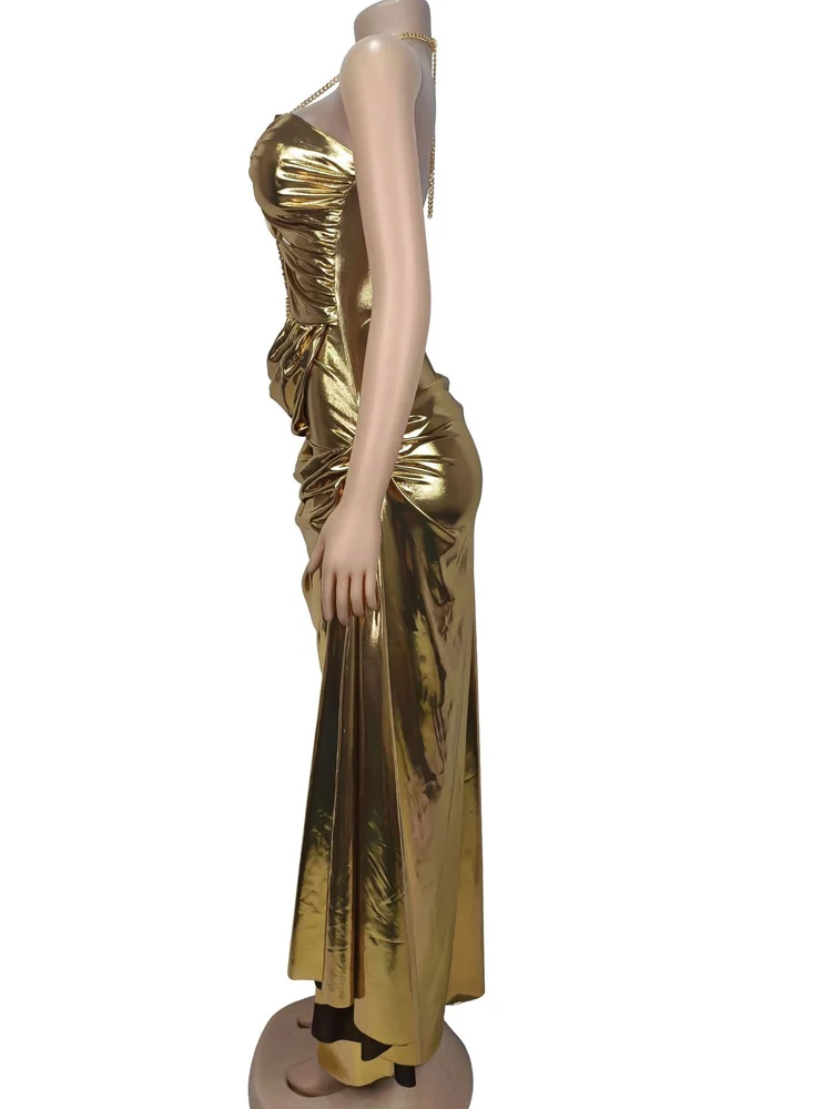 Kricesseen Sexy Women's Metallic Gold Halter Maxi Dress New Ladies Ruched Cut Out Backless Chain Detail Formal Party Gown