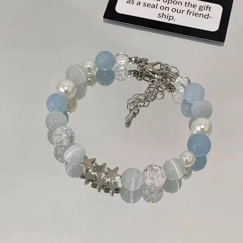 Harajuku Pentagram Pearl Beaded Bracelets For Women Aesthetic Cute Star Blue Glass Ball Bracelets Y2k Jewelry Gifts