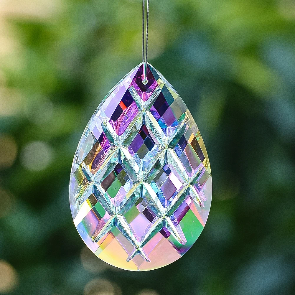 Waterdrop Grid Crystal Suncatcher Glass Prism Window Hanging Decor Rainbow Maker Chandelier Lamp Parts Replacement Pendant