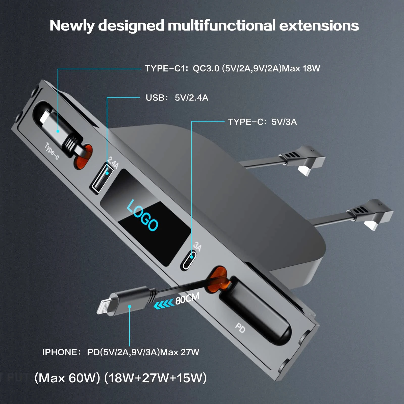 For Tesla Docking Station Intelligent 27W Quick Charger USB Shunt Hub For Model 3 Model Y Central Control Splitter 80cm line