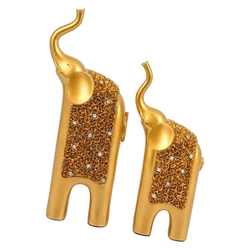  Elephant Desk Sculptures, Two Graduated Statues with Raised Noses and Textured Side Relief for Home or Office Display