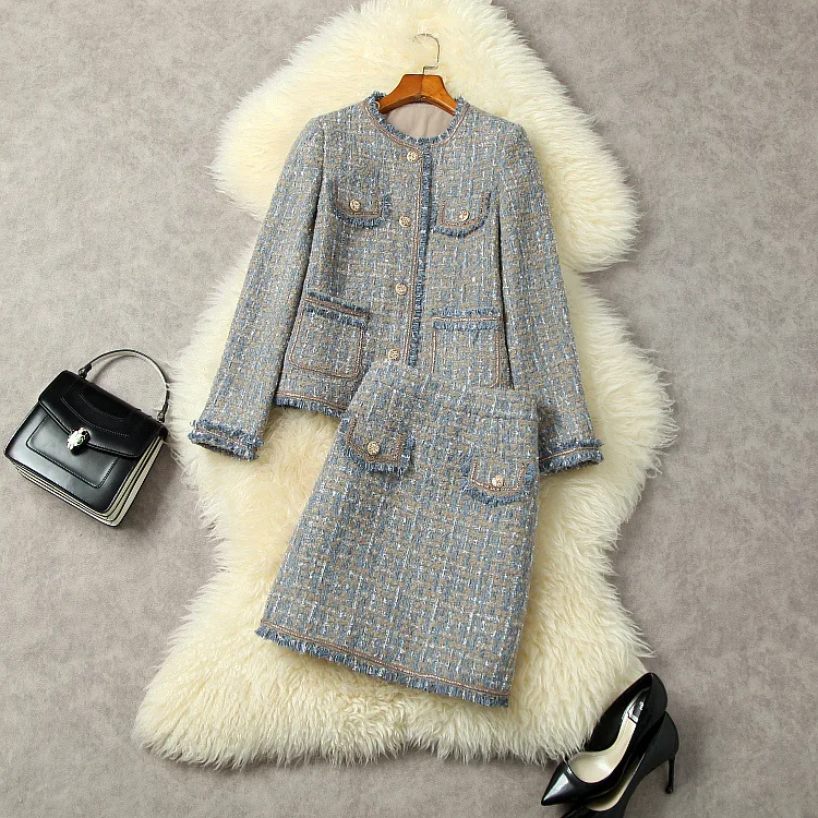 New European and American women's wear for winter 2024 Long-sleeved single-breasted blue tweed coat skirts Fashion suits