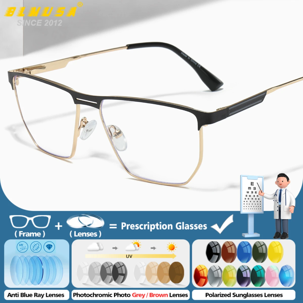 

BLMUSA Business Multifocal Reading Prescription Glasses Men Square Half-Frame Anti Blue Light Customized Eyeglasses Optical Lens