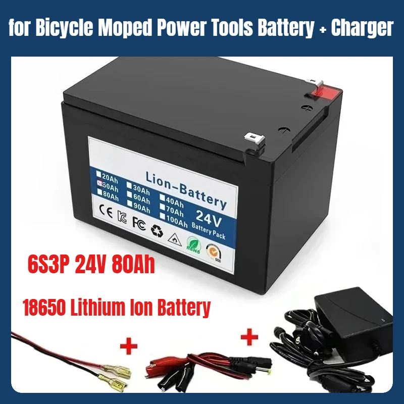 

High Capacity 6S3P 24V 80Ah 18650 Lithium Ion Battery 25.2V 80000mAh for Bicycle Moped Power Tools Battery + Charger