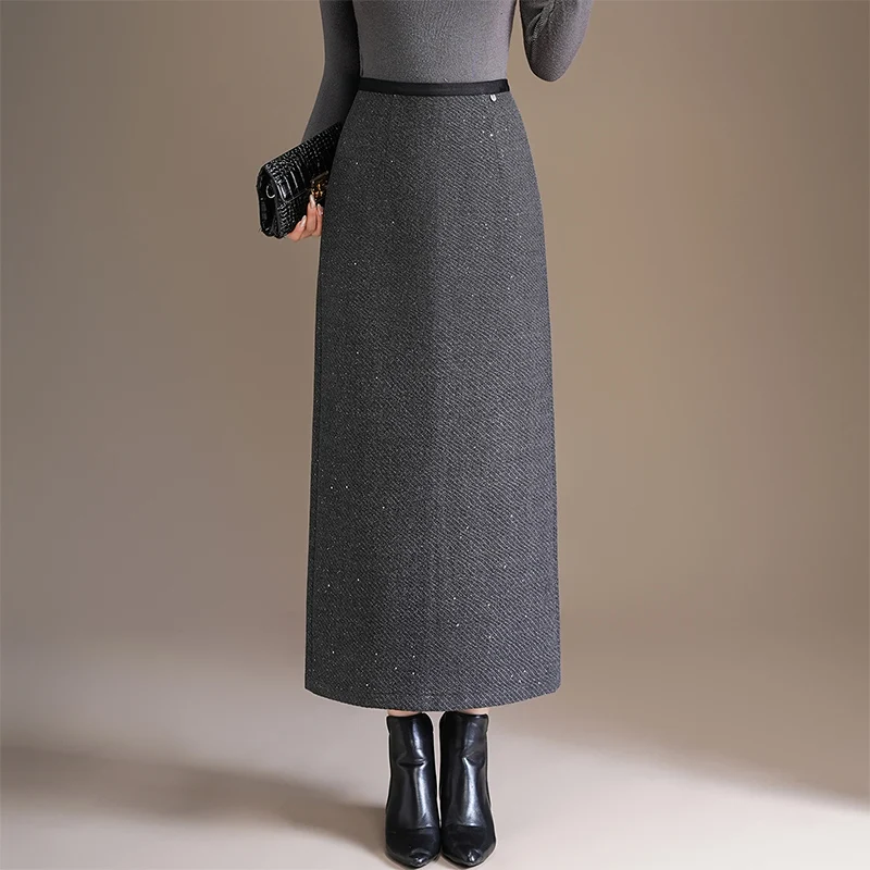 

Шерстяная юбка прямого кроя с высокой талией и удлиненной длиной Ele для похудения Sle ature Fraance Faion Частичная юбка