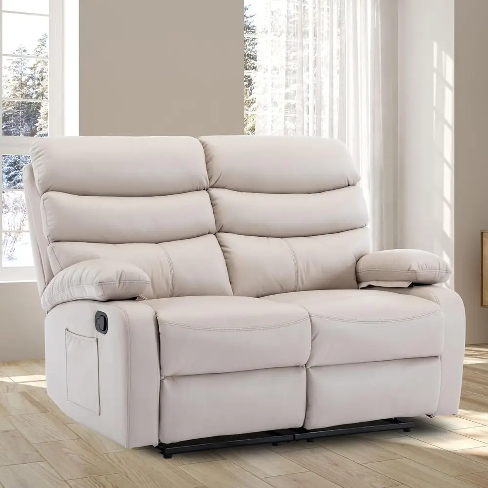 

Cream Leather Double Recliner Loveseat with Side Storage for Living Room, Home Theater, and RV