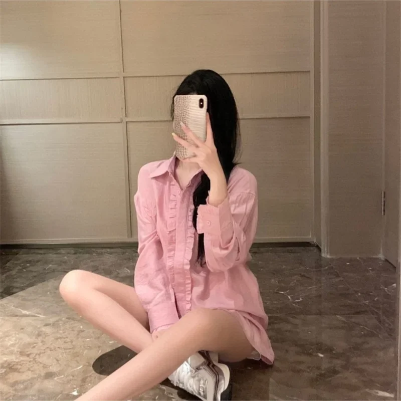 Long Sleeve Shirt u227744 Pink Colour Embroidery Letter 2024 New Clothing Spring Summer Ruffled Edge Collar T-shirt Streetwear