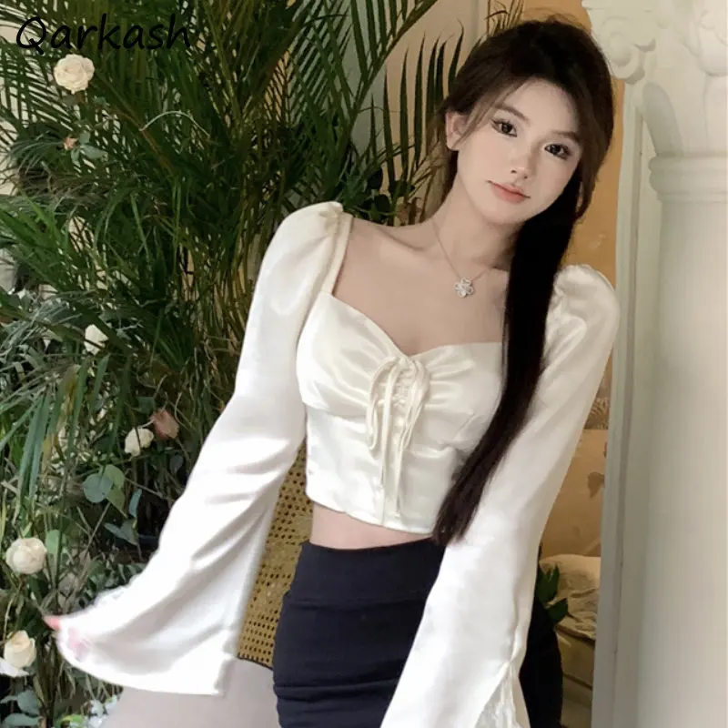 

Flare Sleeve Blouses Women Crop Tops Sexy Slim Bandage Pure Chic Spring Temper Sweet Korean Style Girlish All-match Streetwear