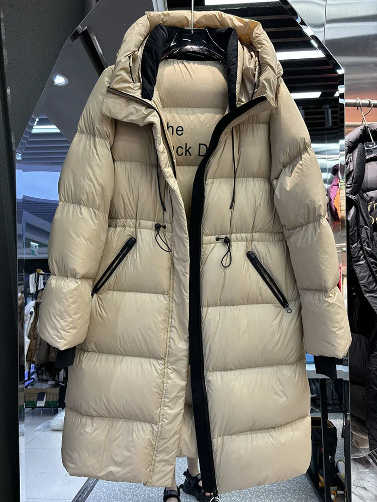 2025 New Winter Hooded Over Knee Puffer Coat Women Thickened Parka Drawstring Bright Waterproof White Duck Down Jacket