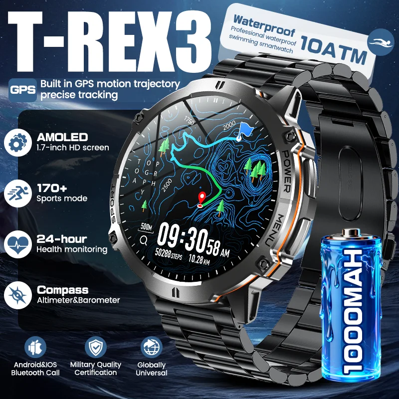 

Новые умные часы T-REX3 для активного отдыха с аккумулятором 1000 мАч, встроенным GPS, компасом, водонепроницаемостью 10ATM, Bluetooth-звонками, для мужчин, спортивные смарт-часы