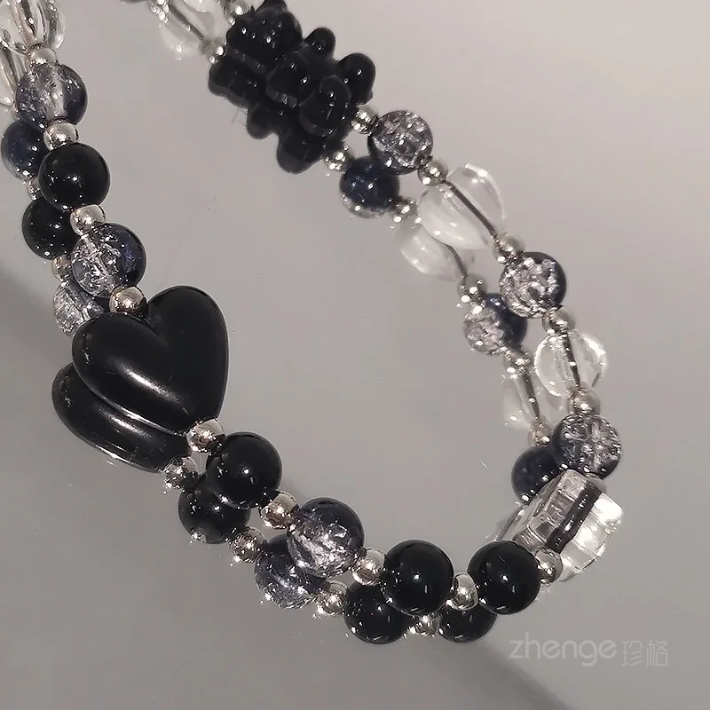 Mobile Phone Lanyard Short Women's Black and White Color Crystal Hand Beaded Love Bear Jewelry Bracelet Small Fresh Chain image 4