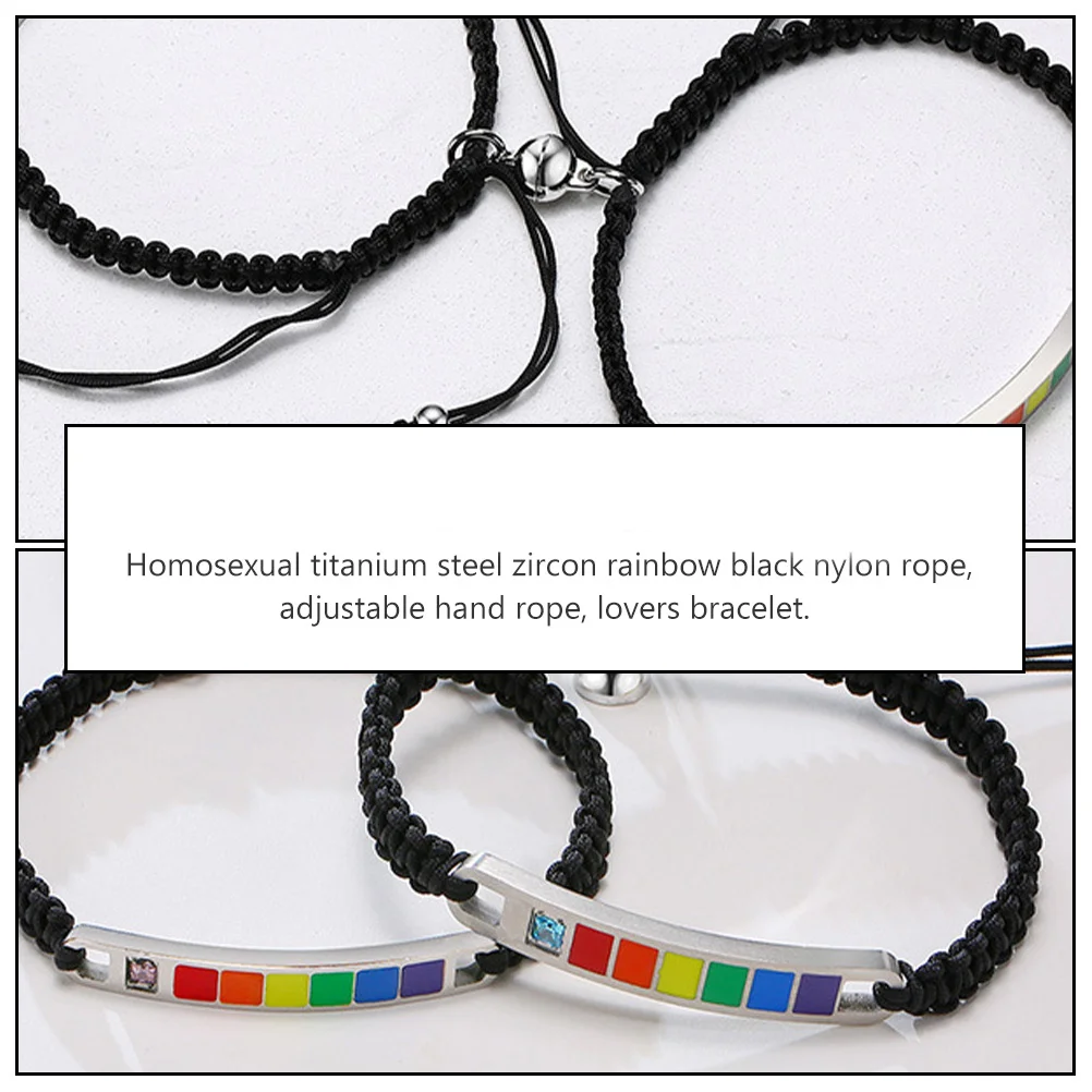 

1Pair Titanium Steel Zircon Bracelets Comfortable Rainbow Nylon Weaving Adjustable Wrist Ropes Perfect Gift for Her Him