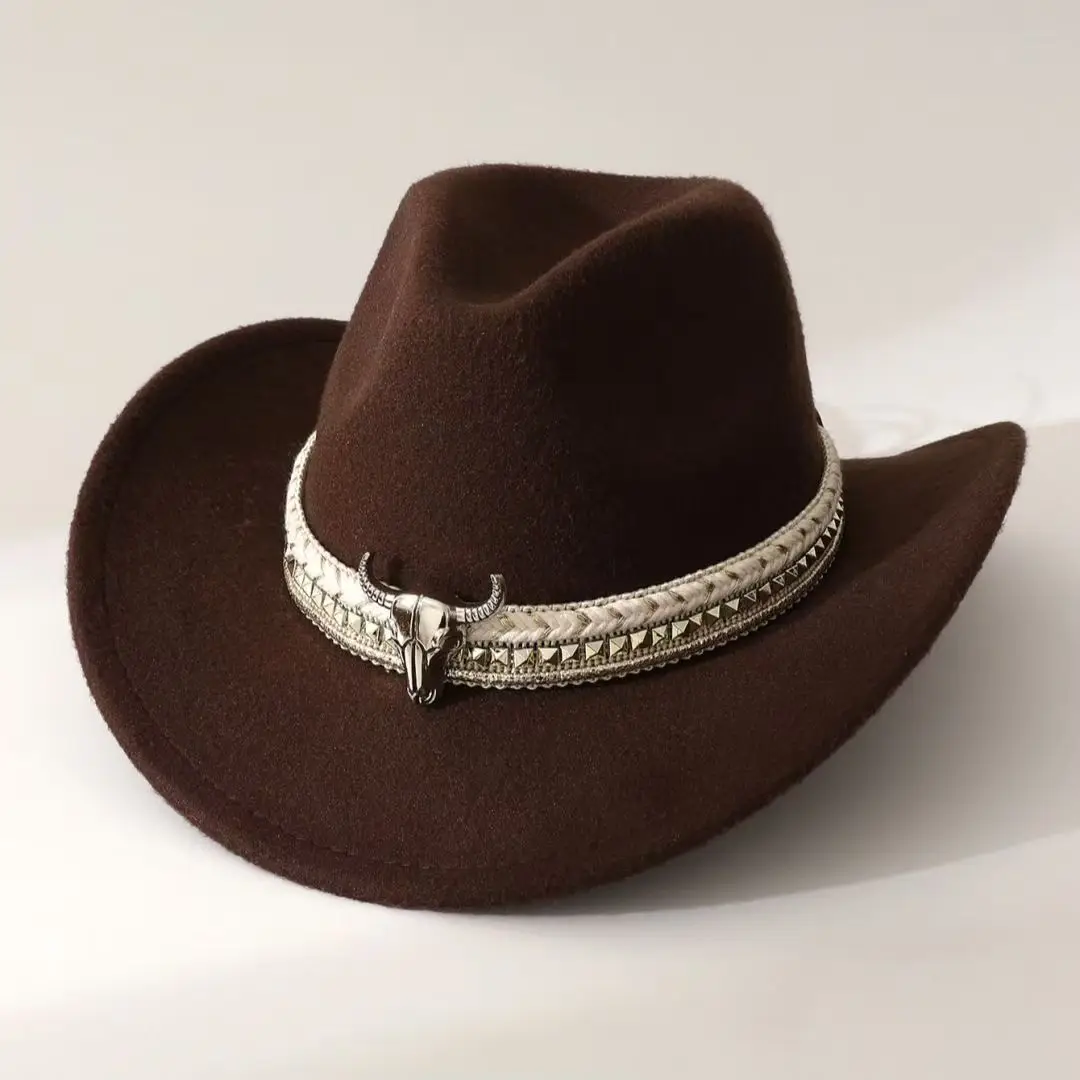 New Model Western Cowboy Hat Bull Head Decorative Woolen Jazz Caps Men's And Women's Large Brim Felt Hats