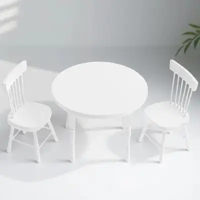 1-Set weißes rundes Tischset Puppenhaus Miniatur Holzstruktur Robuste Stühle Mini-Möbel Dekor Küche Esszimmer Spielen