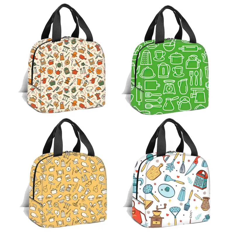 Cute Kitchen Tools Print Lunch Bags Students School Food Bag Women Picnic Bag Food Pouch Lunch Box Outdoor Hiking Food Bag