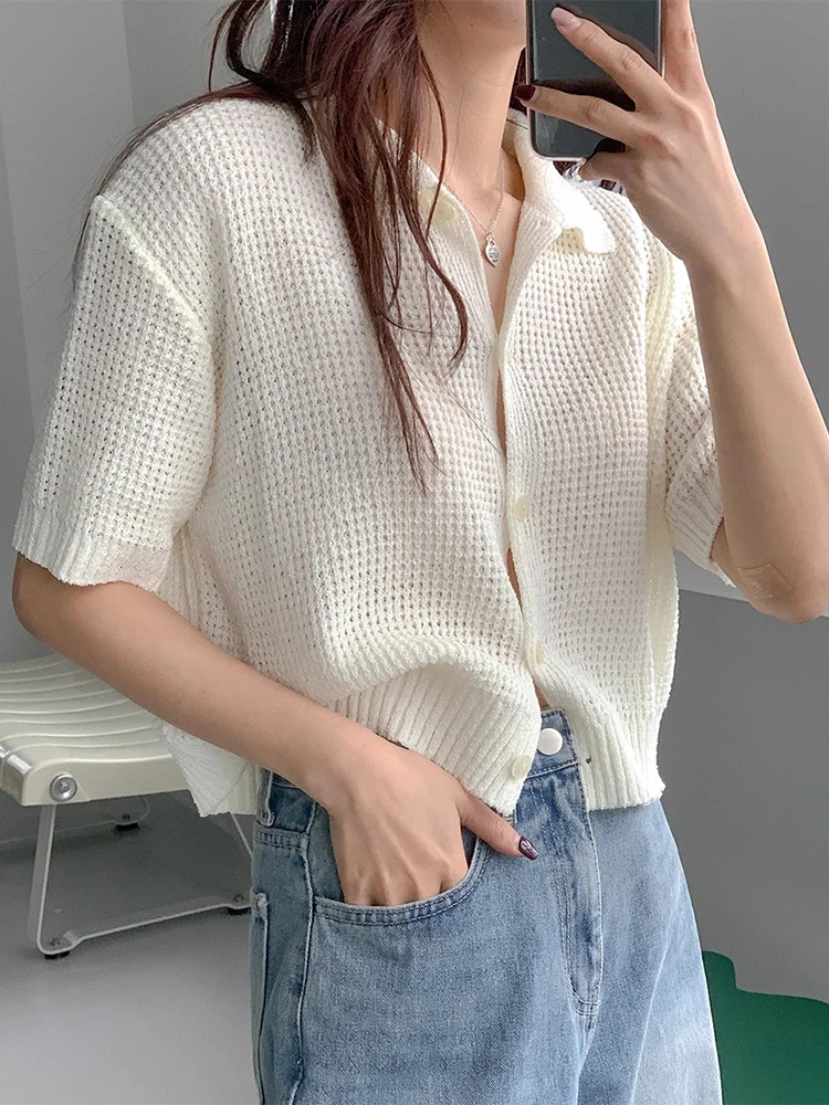 

Chic Spring New Neck Knitted Cardigan Women's Thin Ice Silk Short Sleeve Top Fashionable Versatile Commute Style Loose Fit