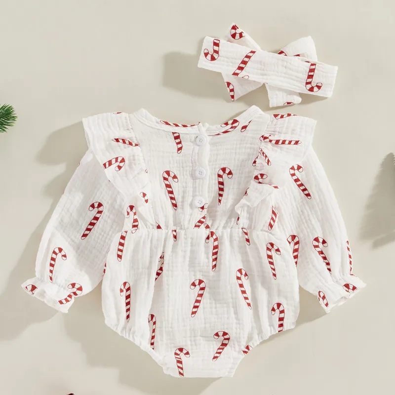 RUEWEY 0 to 18 Months Christmas Baby Girls Bodysuit Candy Cane Print Long Sleeve Jumpsuits and Cute Headband Baby Clothing