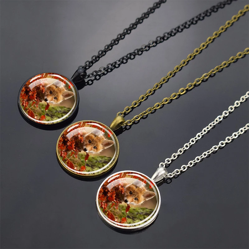 Red Fox and White Fox Necklace, Dome Glass Inlaid Pendant, Zinc Alloy Fashion Animal Jewelry Gift