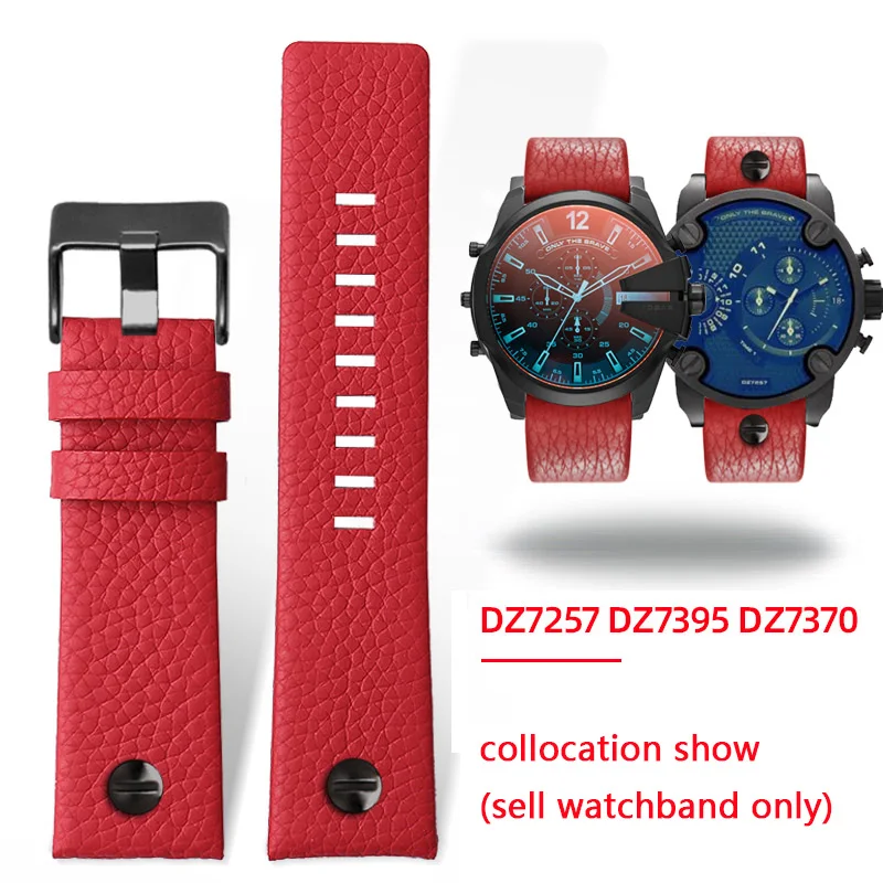 Genuine leather watchband For Diesel DZ7395 7370 7257 watch straps Lychee print leather with rivet red band 22 24 26 28 30mm