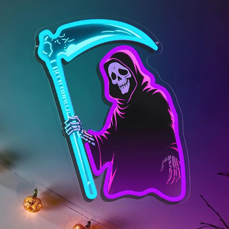 

Хэллоуин Grim Reaper Неоновая вывеска USB с регулируемой яркостью Ужас Скелет Неоновые огни Настенный декор для окна Человек Пещера Бар Готический Хэллоуин Пар